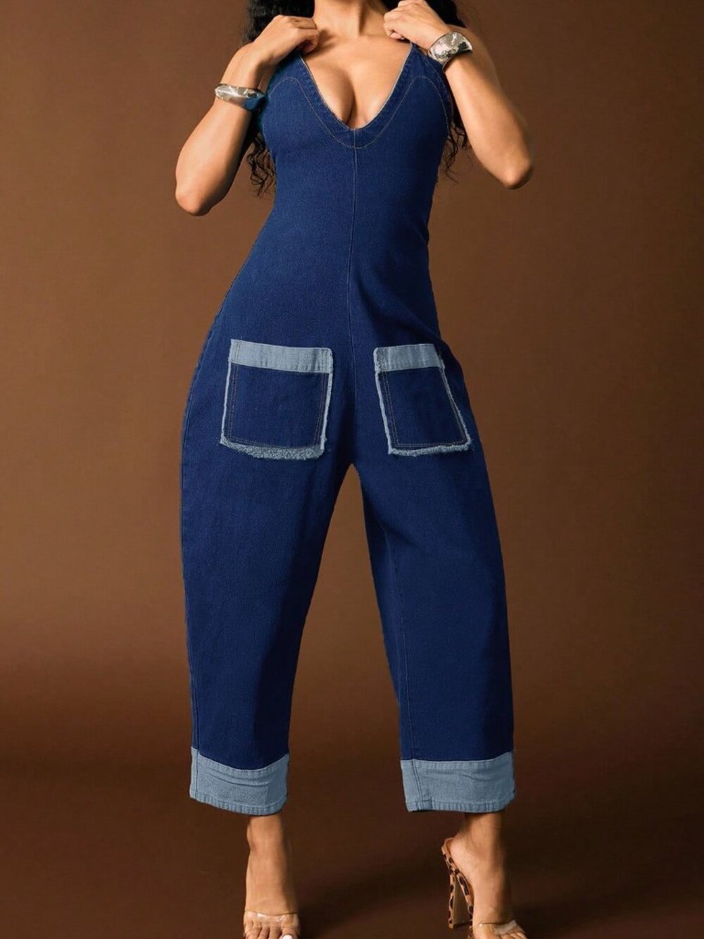 Medium Wash Casual Women's Cuffed Hem Detail Barrel Leg Denim Jumpsuit